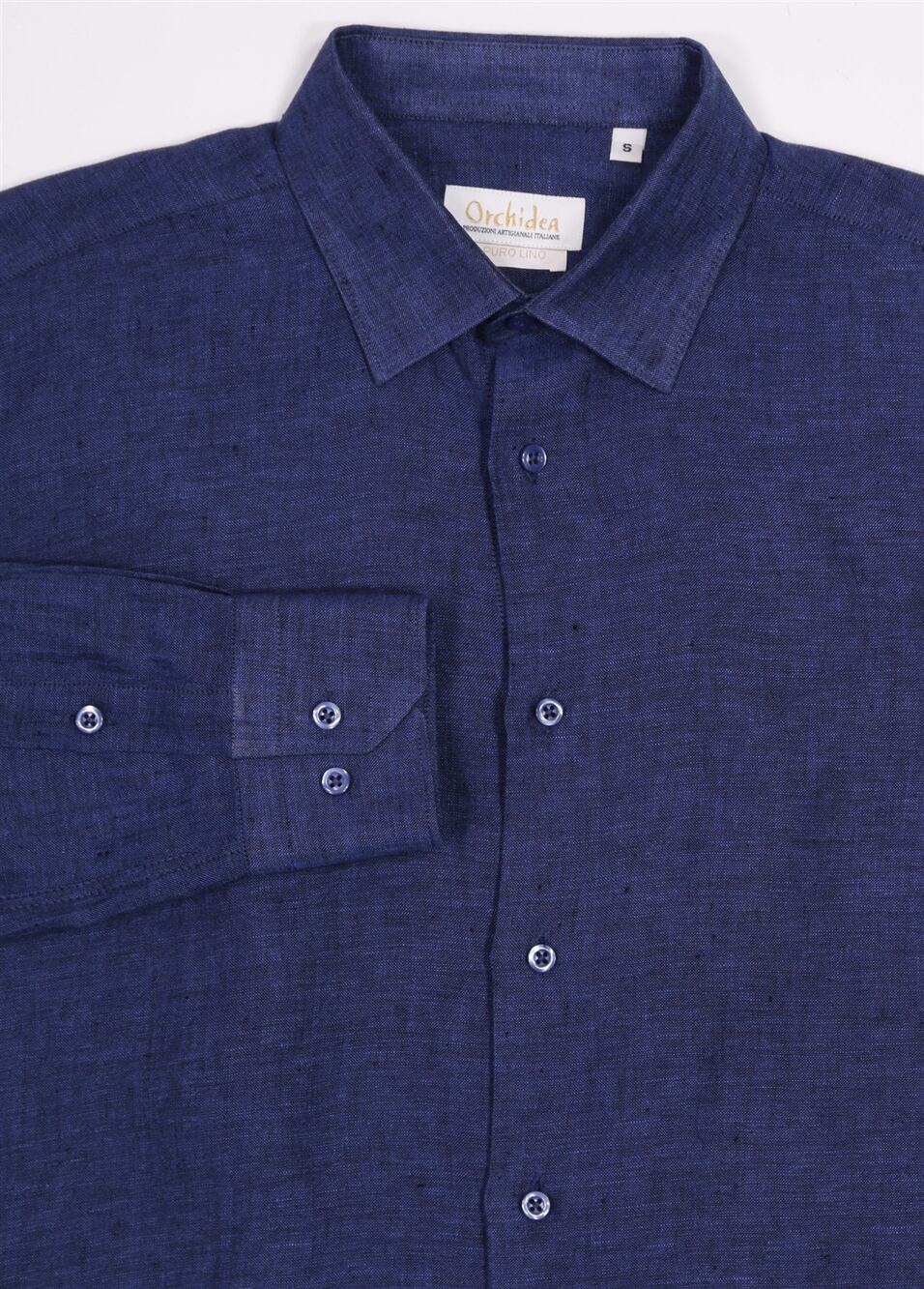 Orchidea Dark Blue 100% Pure Linen Button-Up Dress Shirt Small